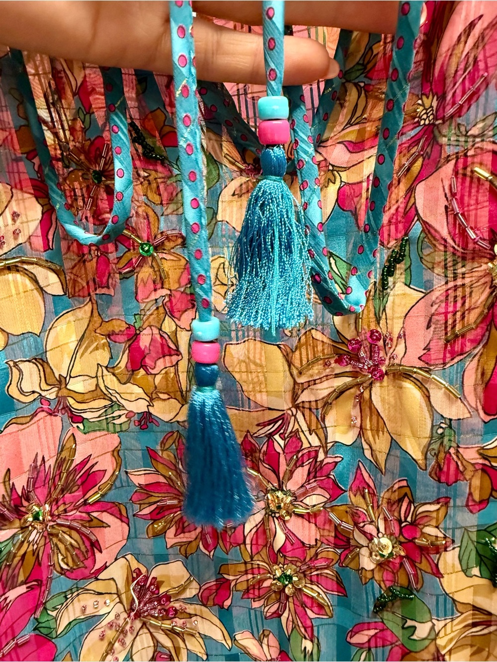 Vintage Diane Freis Georgette Floral Embellished Sheer Ruffle Blouse - Picture 5 of 12